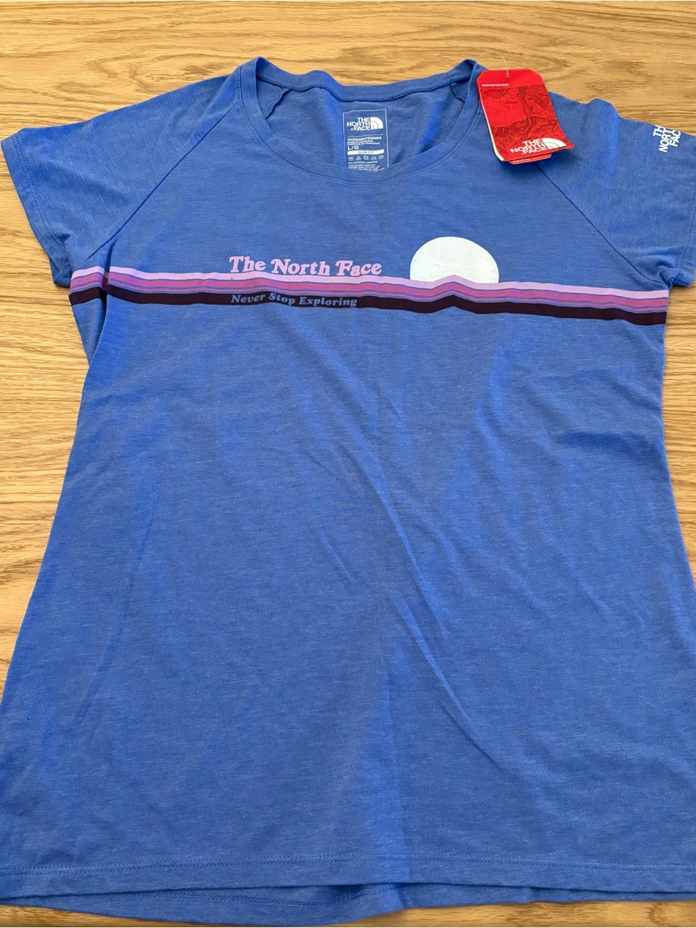 The North Face Large Blue Tee with Pink & Purple Stripe Graphic - NWT